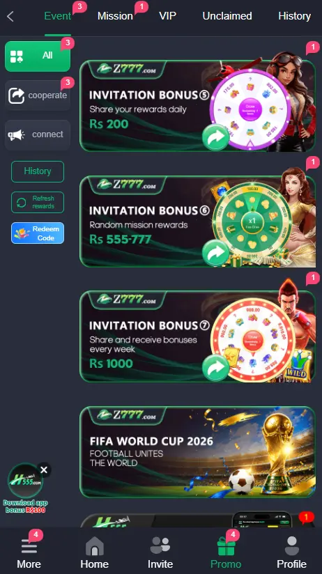 rewards and bonuses on z777 game