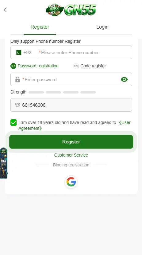 craete an account on gn55 apk game