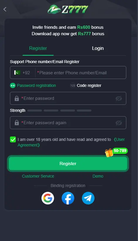 downlaod and register to 777z app